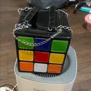 Black Patent Cube Crossbody Bag with Multicolor Square Panels
